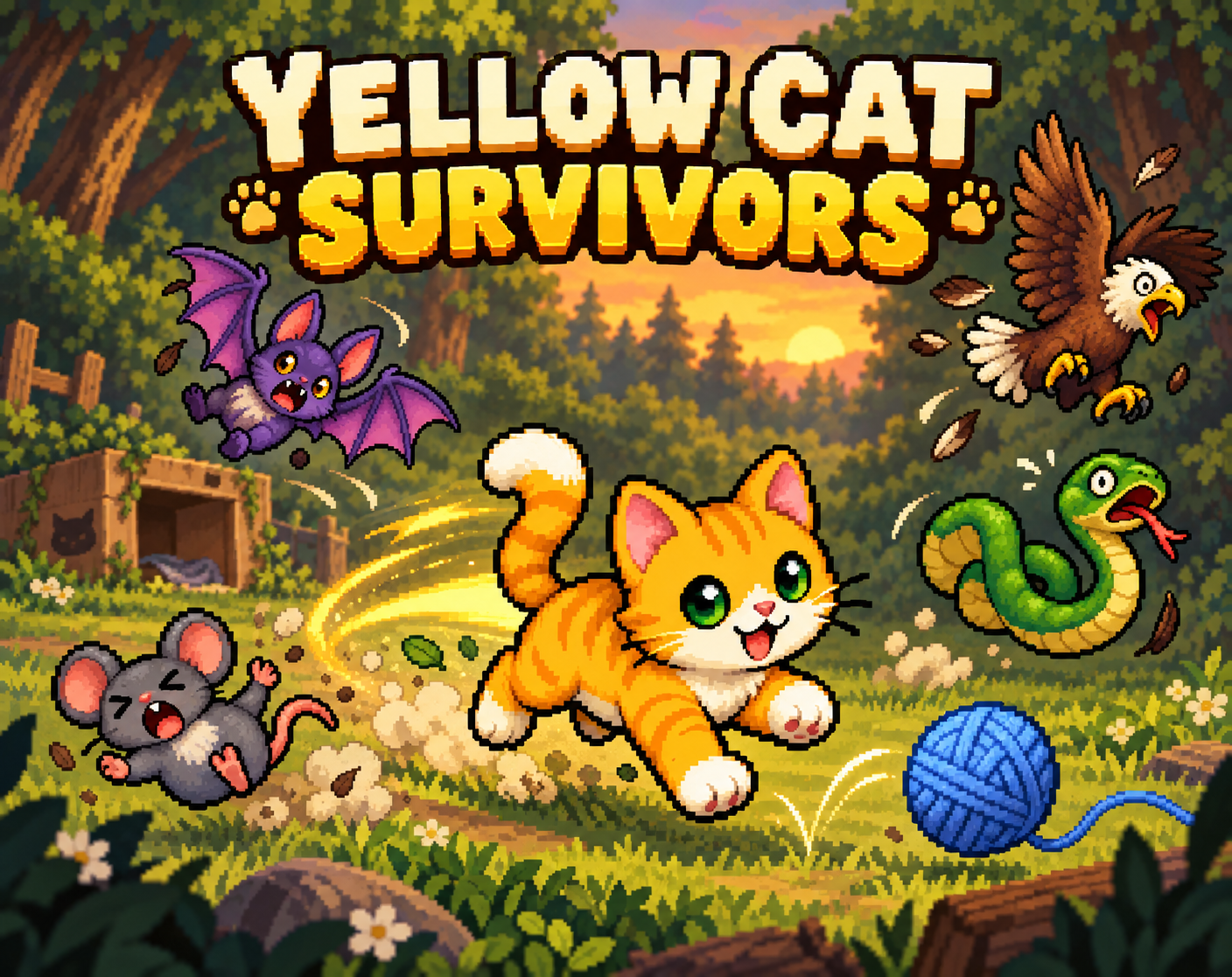 Yellow Cat Survivors: a yellow kitten dashing past mice, snakes, bats and eagles in a sunset forest