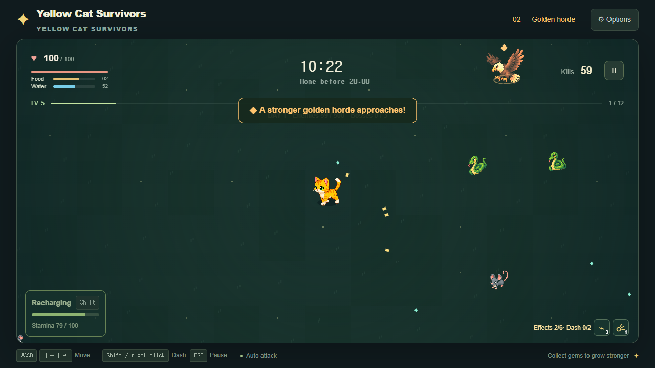 Actual Yellow Cat Survivors gameplay with stronger enemies approaching